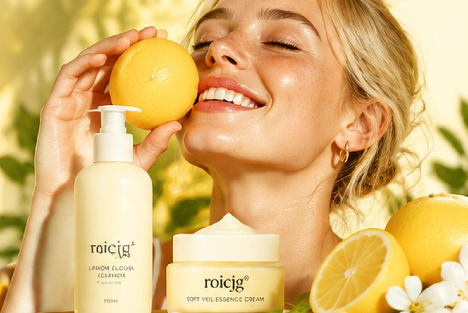 American woman enjoying a fresh skincare ritual with roicjg® products